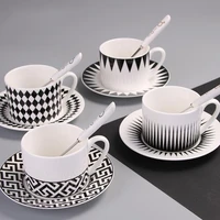 black and white geometric stripe ceramics water mug office coffee cup with spoon afternoon tea cup home kitchen drinkware