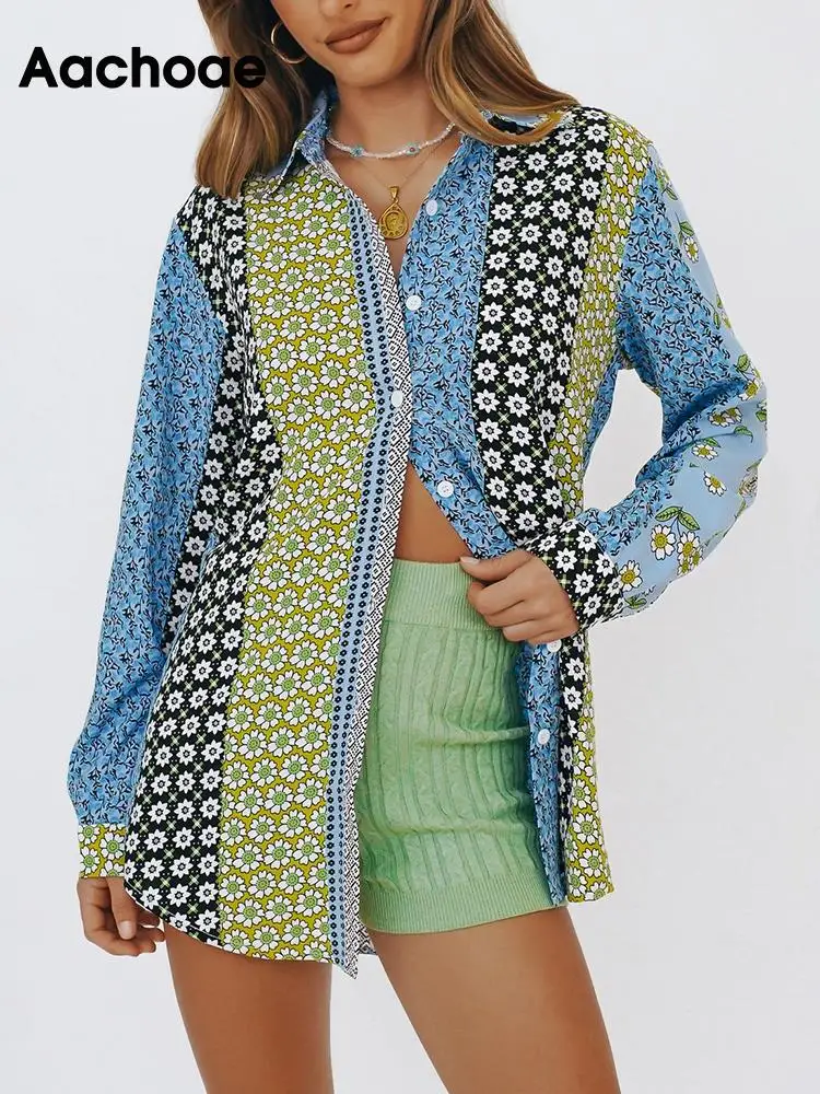 

Aachoae Women Casual Floral Printed Blouses Shirts Turn Down Collar Long Sleeve Shirts Female Fashion Single Breasted Blusas Top