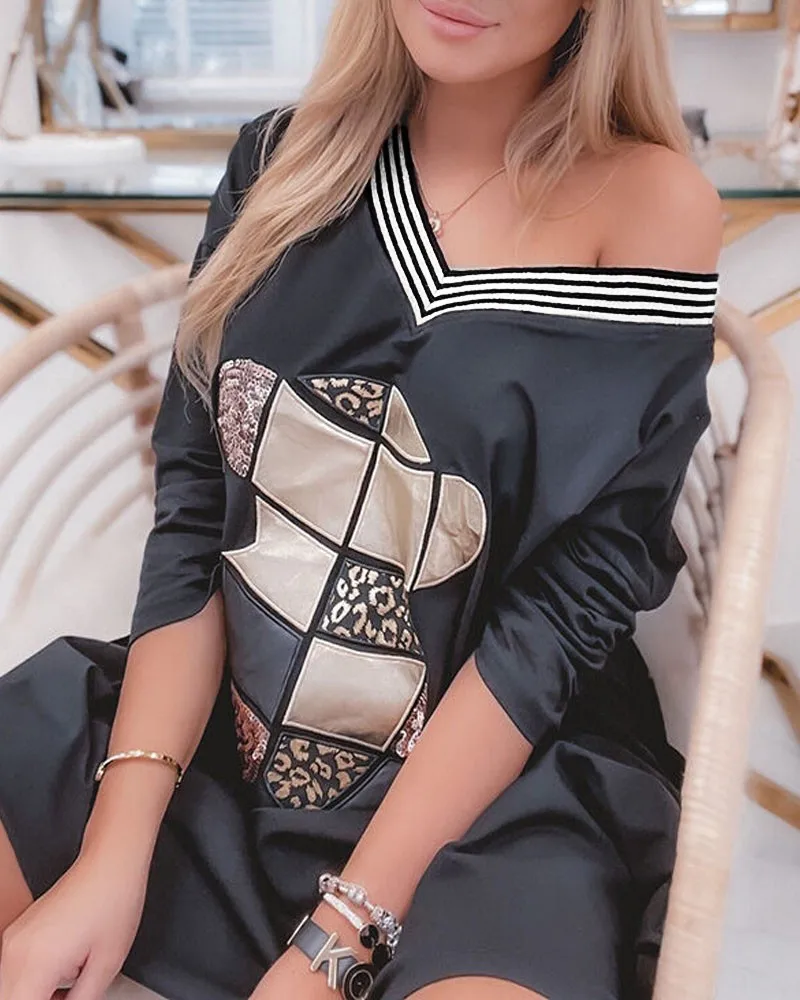 

Повседневное контрастное платье с длинным рукавом и блестками