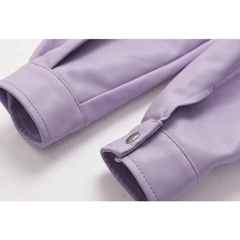 

Korean Short Loose Purple Faux PU Leather Coat Plus belt Lapel Long Sleeve Women Casual Spring 2021 Plus size Moto Biker Jacket