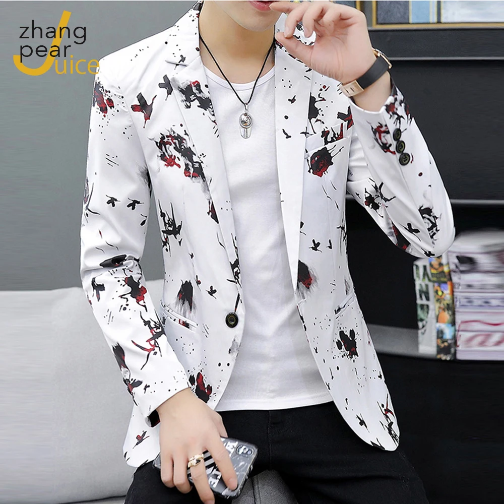 

Men's White Casual Blazers Men Slim Fit Floral Flower Print Blazers Men Blazer Masculino Blaser