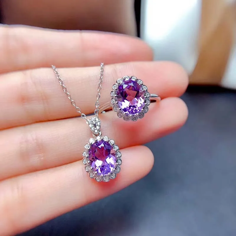 

S925 Natural Oval Cuted Amethyst Jewelry Sets for Women Party Necklace and Ring Fine Jewelry Real Violet Crystal Gifts