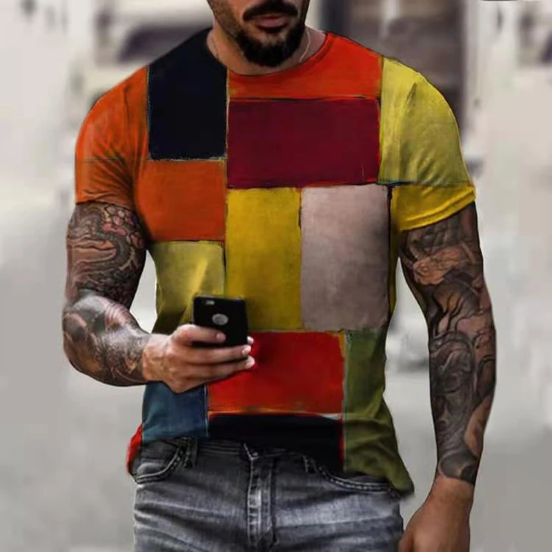 

Hot new men's casual round neck T-shirt street Harajuku hip-hop fashion short-sleeved geometric pattern printing summer T-shirt
