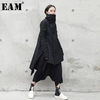 eam 2022 new fashion winter stand lead irregular long type cotton padded clothes loose coat solid black jacket woman ya771