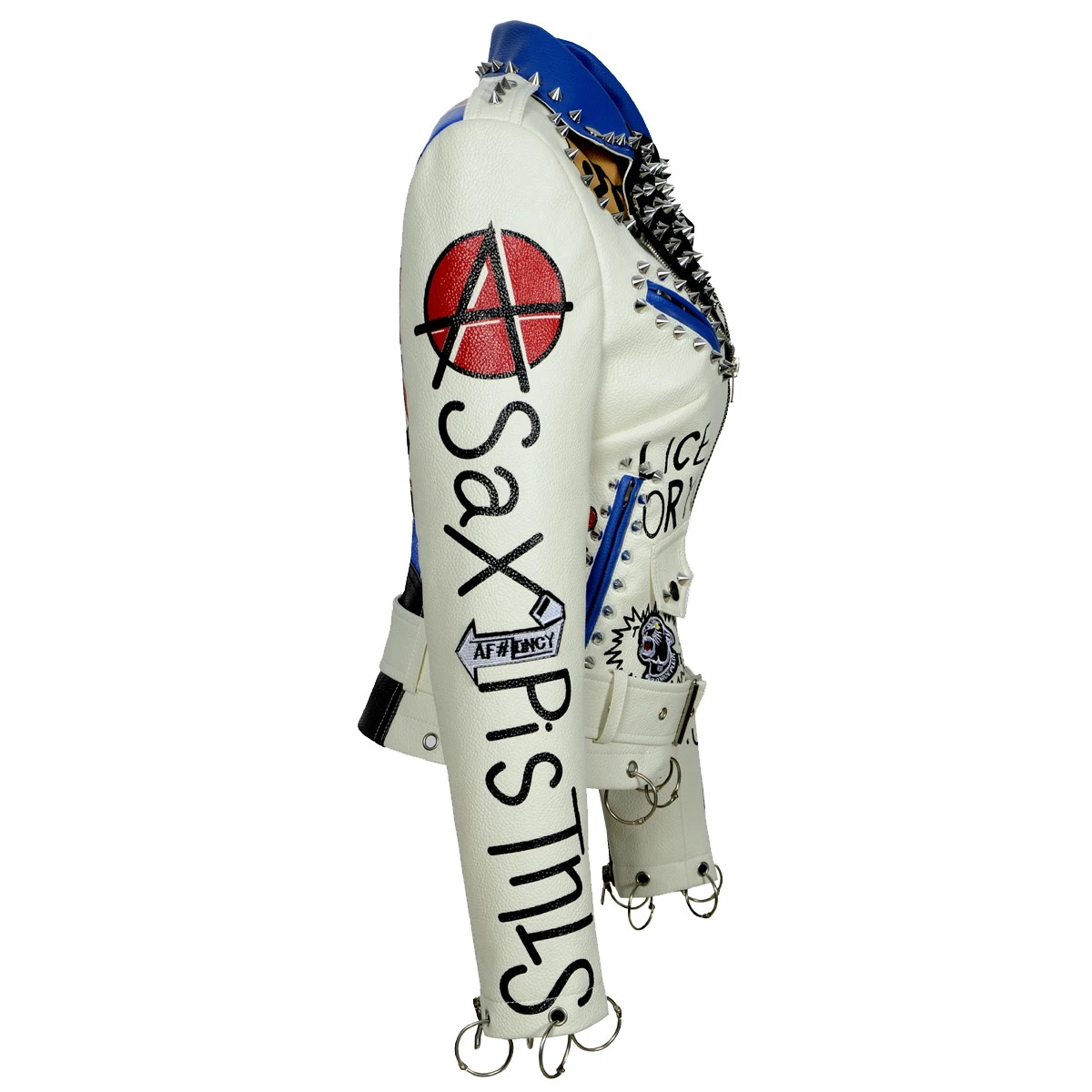 2021 New Autumn Winter Women Faux Leather Graffiti Jackets White PU Rivet Zipper Rings Epaulet Belt 3D Print Slim Biker Coats