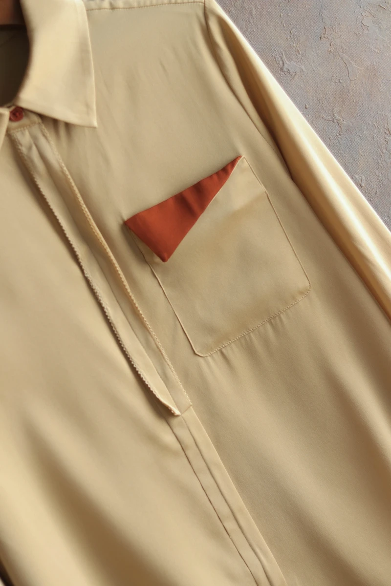 

Tops Fashion Blouses 2021 Spring Summer National Silk Shirt Women Chest Pocket Deco Long Sleeve Elegant White Apricot Shirt XL