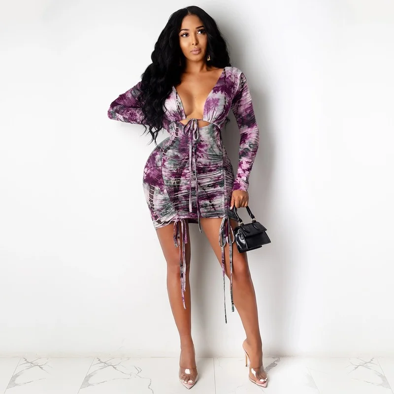 

Draw String Draped Women's Dress Autumn Backless Long Sleeve Dresses for Women 2021 V-Neck Print Sheath Bodycon Dress Woman