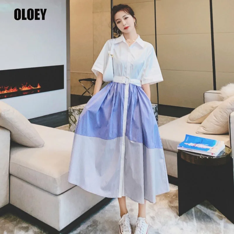

One-Piece Fashion Office Dress 2021 New Summer Elegant Single-Breasted Ladies Shirt Dress French Vintage Stitching Women Dresses
