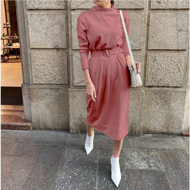 

Fall 2020 New Knitted Long-sleeved Mid-length Skirt Fashion Streetwear Solid Color Loose Casual Sports Long-sleeved Dress Women