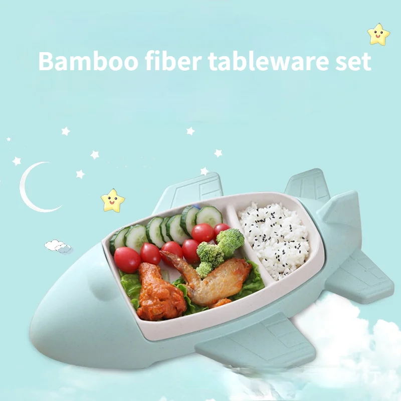 

Baby Bamboo Fiber Eating Bowl Tableware Set Spoon Chopsticks Baby Separation Anti-drop Airplane Cartoon Partition Plate