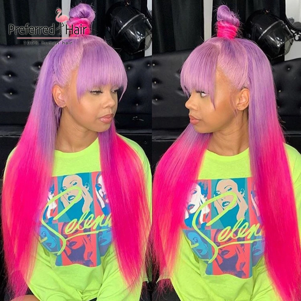 

Preferred Remy Brazilian Straight Lace Front Wig With Bangs Purple To Pink Ombre Human Hair Wig Glueless Wigs For Black Women