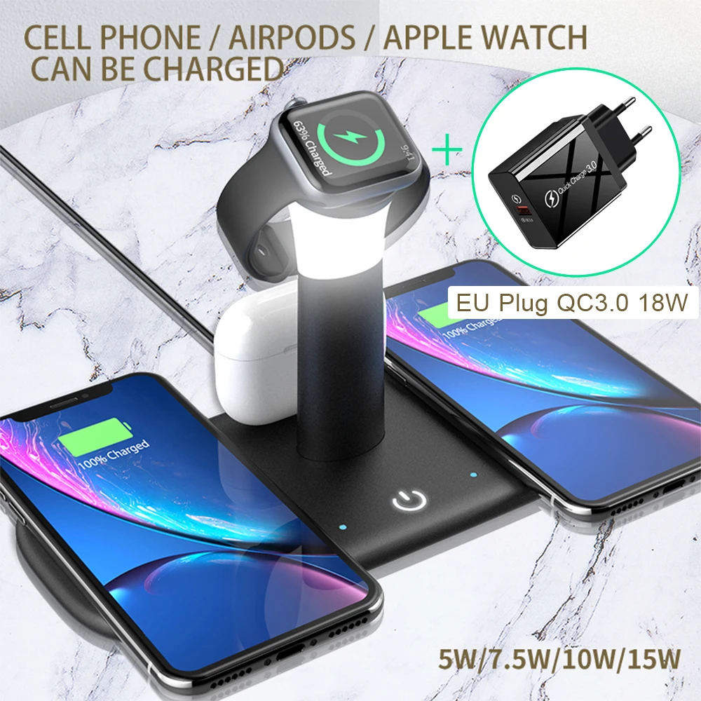 

Smart 5 in 1 wireless charging base with light for iPhone 12 X 8 Apple Watch 15W Qi fast wireless charger for Airpods Pro iWatch