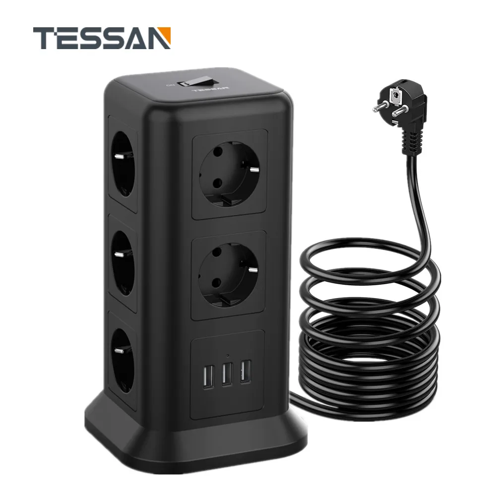 

TESSAN Vertical Power Strip Tower EU Plug with 11 Outlets 3 USB Ports Switch 2M Extension Cord Multiple Sockets for Home Office