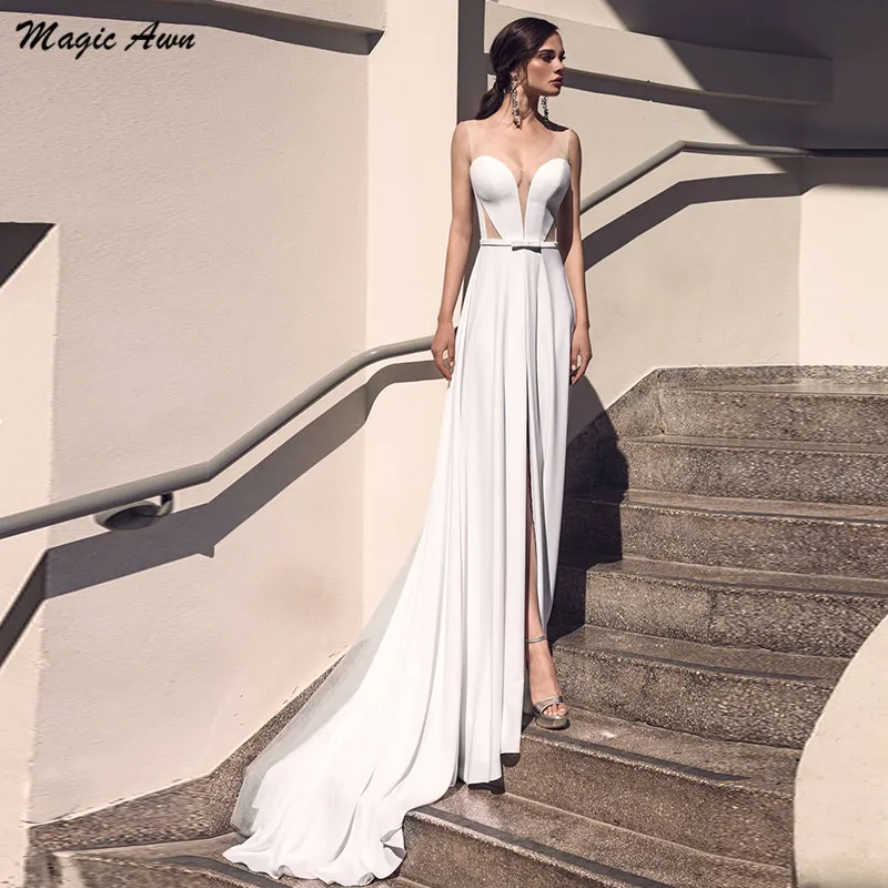 

Волшебная ость простой сатин свадебные платья Прозрачная v-образным вырезом спереди Разделение в богемном стиле ТРАПЕЦИЕВИДНОЕ ПЛАТЬЕ деш...