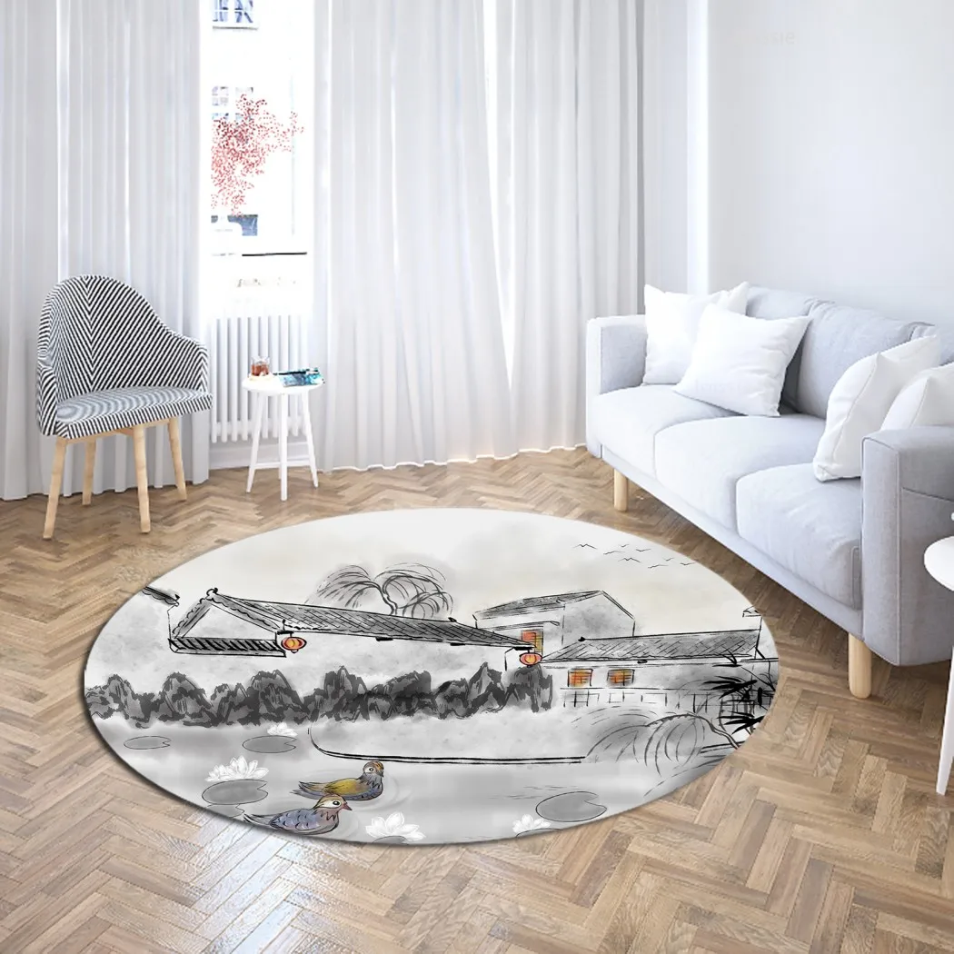 

Ink Painting Round Carpet 3D Print Plum Blossom Carpet Entrance Outdoor Floor Kitchen Doorway Floor Carpet For Bedroom Floor Mat