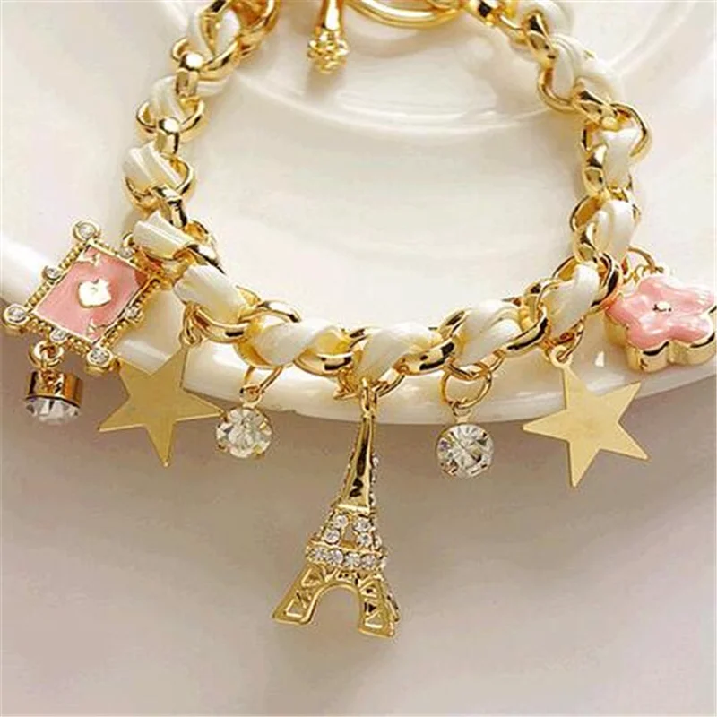 Fashion popular wild five-pointed star flower playing card A Paris Eiffel Tower crown leather rope woven bracelet anklet female | Украшения