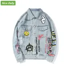 Куртка NiceDaily Мужская джинсовая, хлопковая однобортная Свободная куртка в стиле хип-хоп с граффити, потертая водоотталкивающая верхняя одежда в стиле оверсайз, на осень