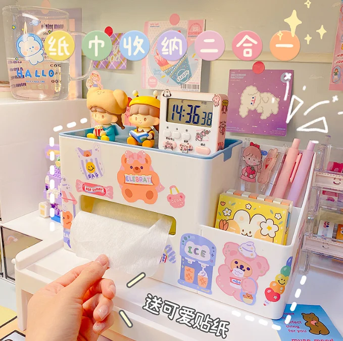 

Ins Desk Organizer With Stickers Desktop Tissue Box Sundries Cosmetic Stationary Organizador Escritorio Table Storage Pen Holder