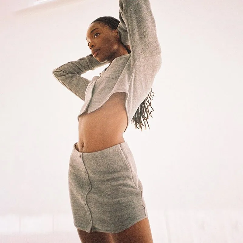 Fall Women Bodycon Skirt Suits Turn-Down Collar Jacket Crop Top And Mini Set Short Gray Female Long Sleeve | Женская одежда