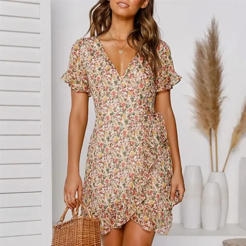 

2021 Women Summer Floral Print Dresses V-neck Beach Dress Ruffle Short Sleeve A-Line Bandage Mini Dress for Daily Party