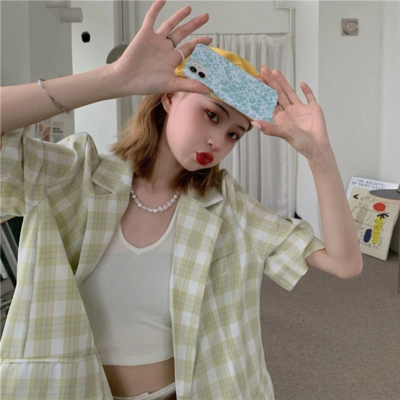 Женские блейзеры летняя мешковатая универсальная однобортная клетчатая модная