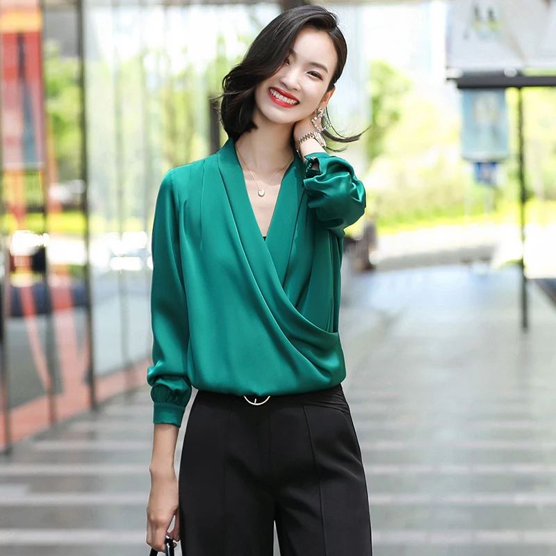 Модные зеленые блузки с длинным рукавом рубашки v образным вырезом высокое