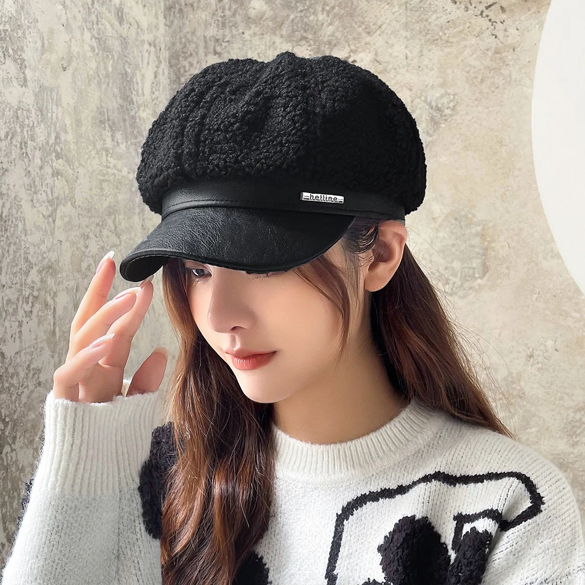 

[PTAH] Octagonal Flat Cap For Women 2021 Winter Warm Girls Beret Artist Hat Autumn Winter Casual Versatile Cap Vintage Beret Hat