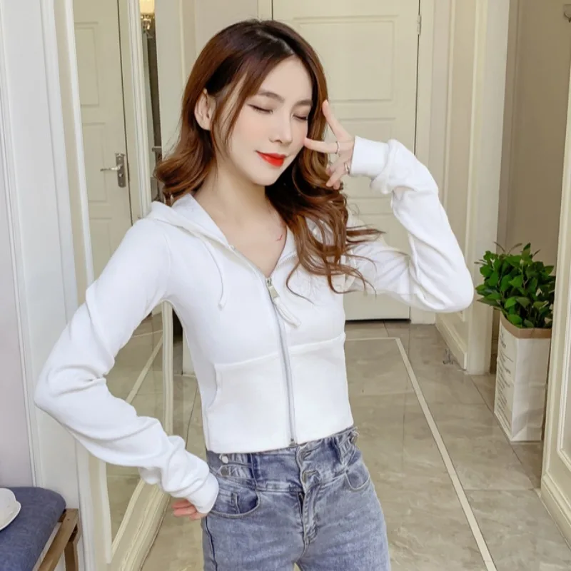 

2021 Spring New Short Hood Knitted Coat All-Matching Women's White Small Design Small Shirt Slim Fit