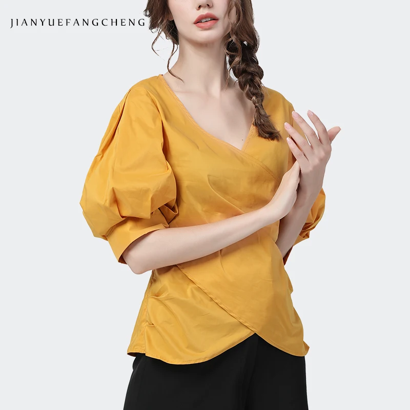 Elegant Lantern Sleeved Cotton Female Shirt Solid Color V-Neck Half Sleeve Women Tops Fashionable Crossed Design Summer Blouses