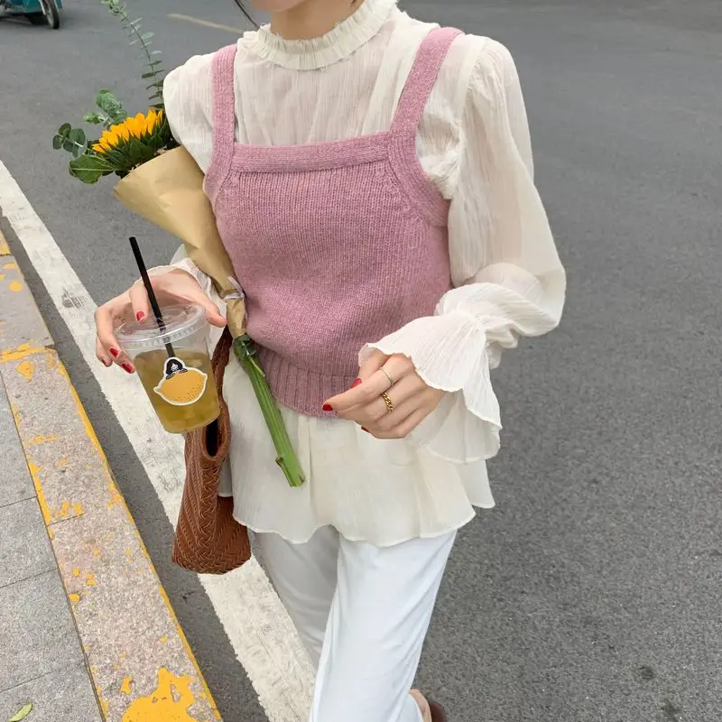 

Women 2 Pieces Sets Sweet Korean Chic Blouses and Knit Tank Top 2 Piece Sets Womens Outfits Sets Womens Outfits