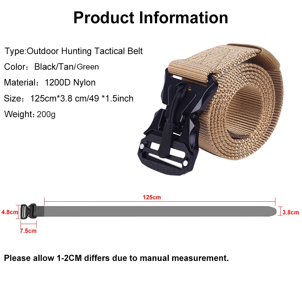 

125cm Tactical Belt Men Airsoft Military Army Waist Belt with Magnetic Quick Release Metal Buckle Sports Hunting Accessories