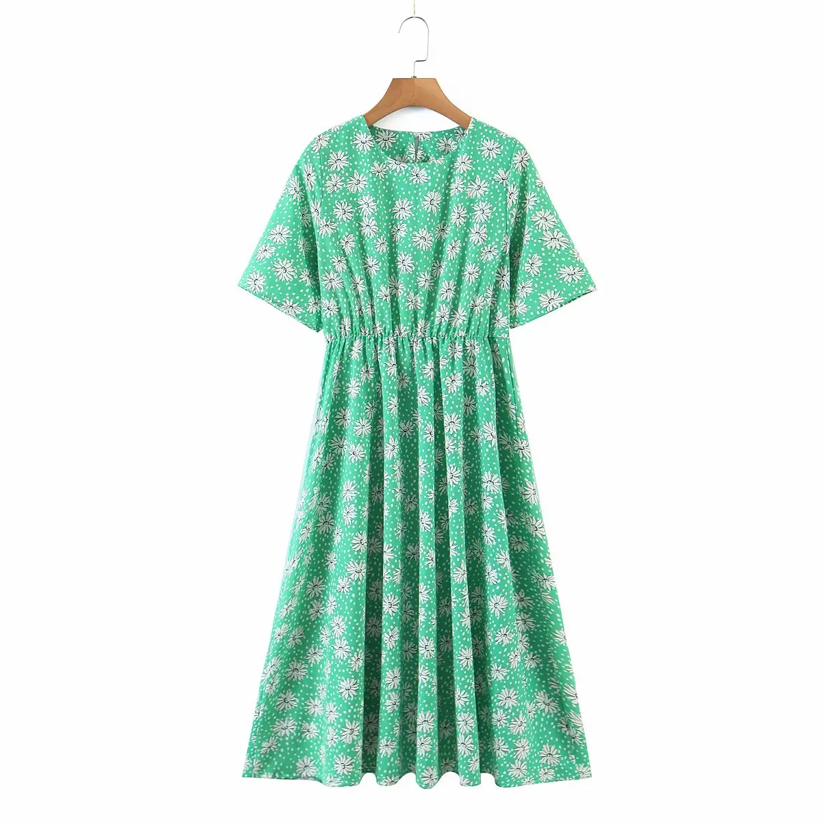 

Women Round Neck Short Sleeve Elastic Waist Vintage Fashion Floral Back Hollow Chic Female Midi Dresses Mujer