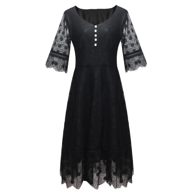 

L - 5XL Plus Size Lace Dresses for Woman 2021 Summer Vintage Hollow Out Flare Sleeve V neck A-line Dress Elegant Midi Vestidos