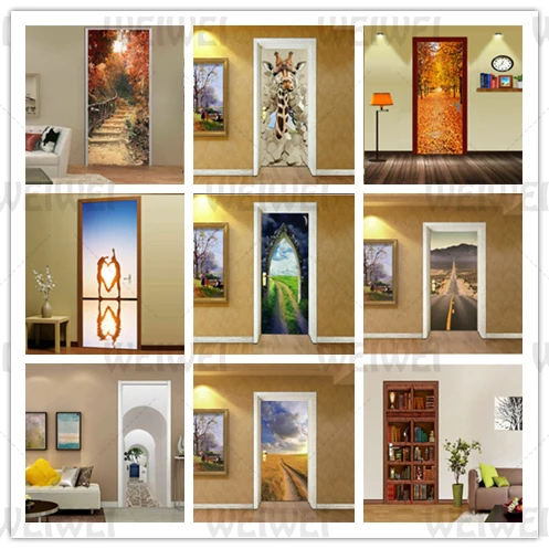 

Декоративная наклейка на дверь с изображением леса, наклейки на дверь с изображением обширного луга, жирафа, 3D наклейки с изображением жира...