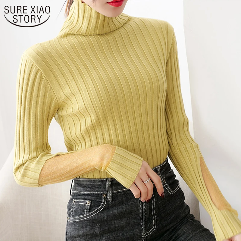 

Korean Mesh Knitted Sweater Women Casual Bottom Pullover Autumn and Winter Long Sleeve Women's Turtleneck Knitwear Jumper 11590