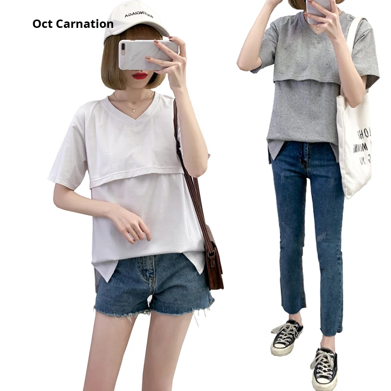 Однотонная хлопковая футболка для грудного вскармливания с коротким рукавом и