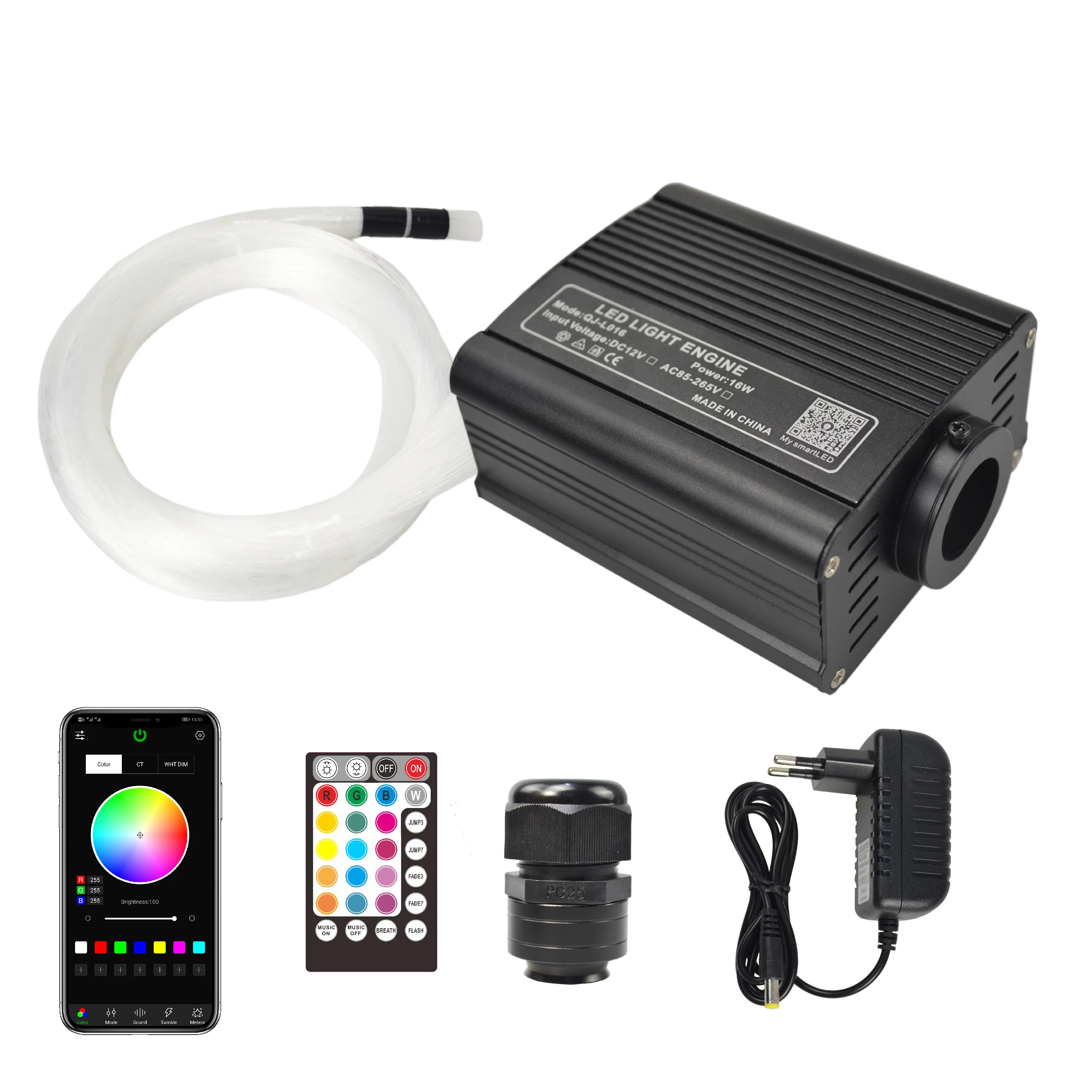 16w rgbw fibra optica plastica kit include app and RF control and music mode car roof light with 1roll 0.75mm fiber optic cable