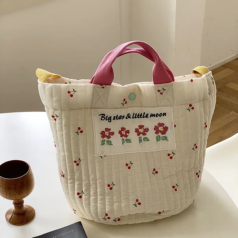 

Korean Cherry Canvas Handbags for Women Letter Flower Casual Ladies Top Handle Bags Bucket Floral Striped Female Purses White