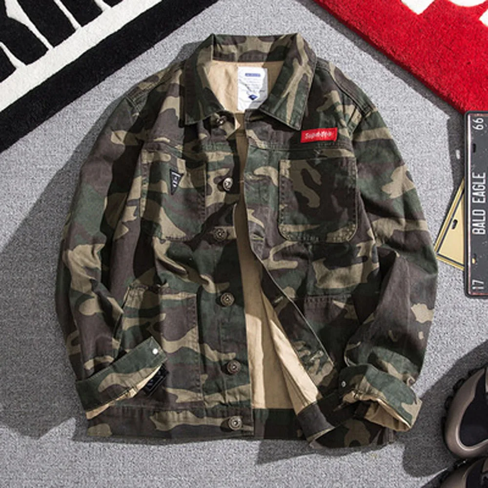 

Hong Kong style denim jacket men's spring and autumn Korean loose and handsome students Japanese casual camouflage work jacket