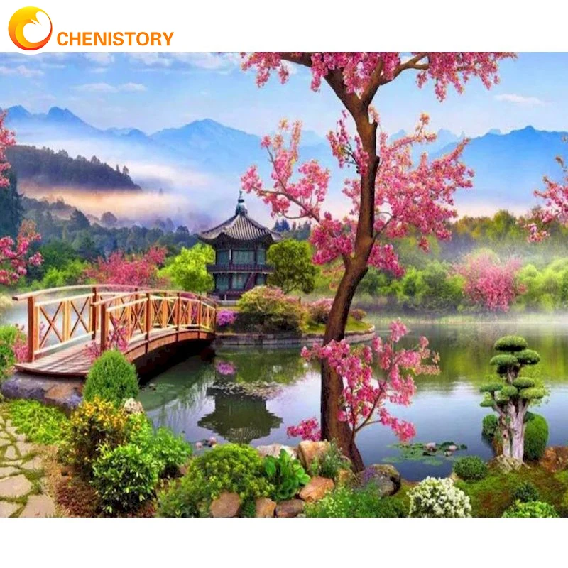 

CHENISTORY DIY Painting By Numbers Peach Blossom Scenery Picture Colouring HandPainted Oil Painting Landscape Home Decor Gift