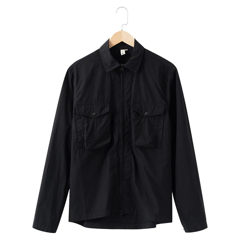 

Casual men's shirt solid color Korean long sleeve cardigan shirt two way zipper four button coat