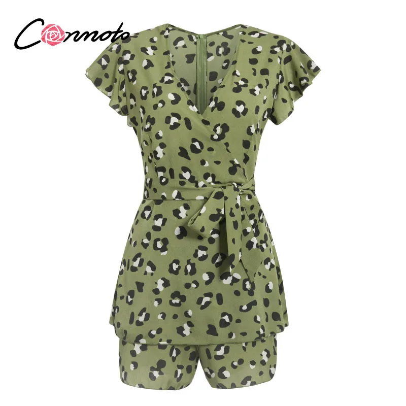 Женский леопард-комбинезон Conmoto зеленый пляжный костюм с бантом и оборками