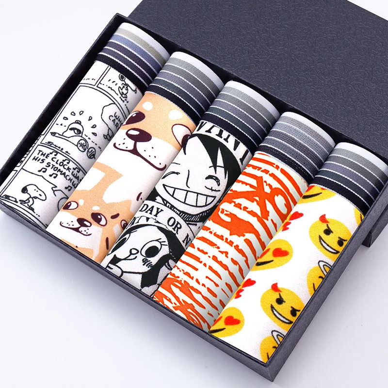 5PCS/Lot Men'S Underwear Boxer Pants Teenager Student Cartoon Printed Breathable Mid-Waist  Men'S Boxer Pants