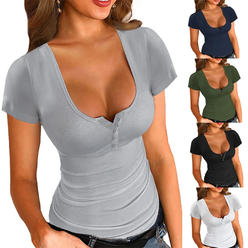 

2021 Fashion Sexy Women Short Sleeve Slim Square Collar T-Shirt Button Crop Top Ladies Fashion Casual Solid Color Blouse