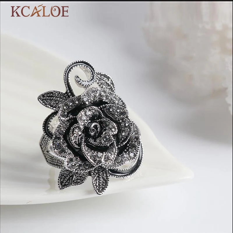 KCALOE черный цветок кольца для женщин кристалл кубический цирконий Винтажные