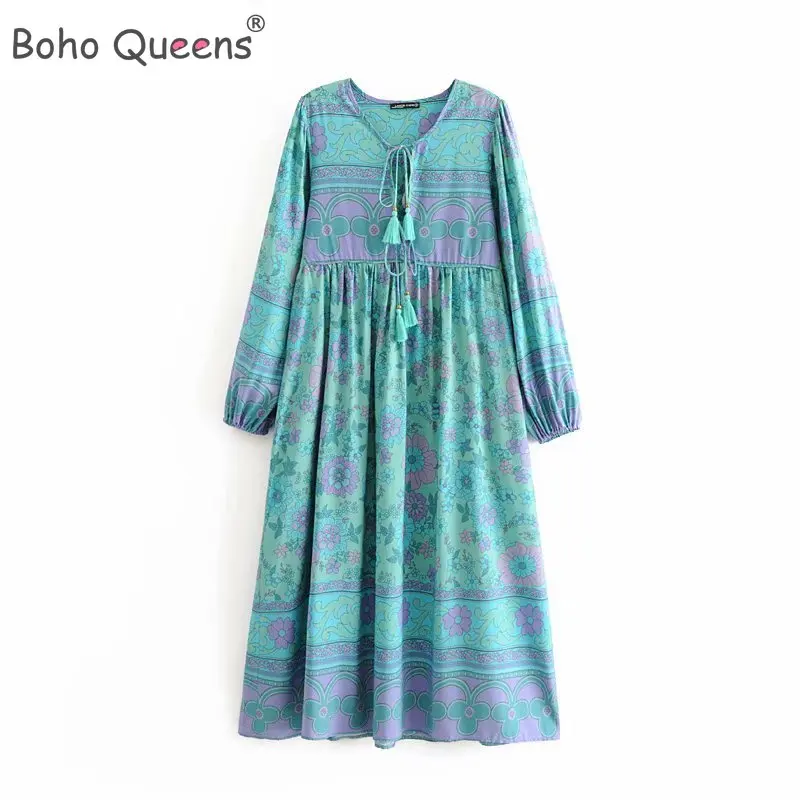 Boho королев для женщин с цветочным принтом Длинные Рукава Кисточкой оборками