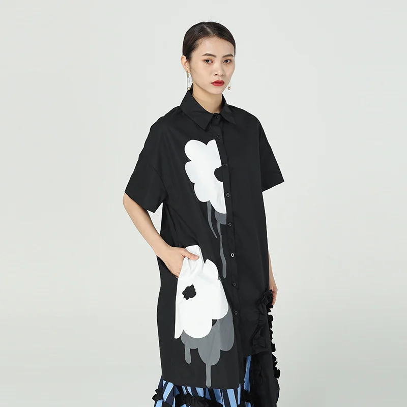 

QING MO 2021 Summer New Women Shirt Dress Loose Large Size Trend Stitching Dress Fashion Casual Printed Dress Black ZWL188
