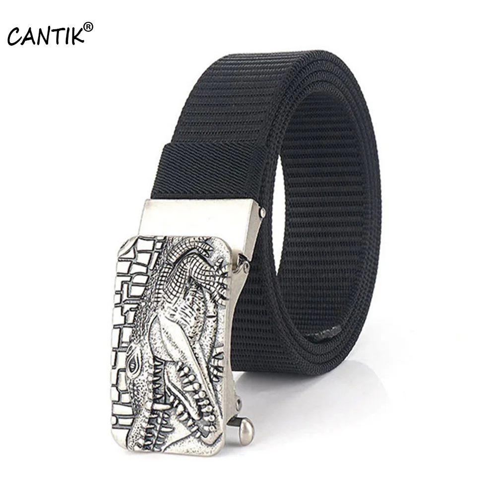 

CANTIK Unique Alligator Head Sliver Automatic Buckle Belt Quality Black Nylon Canvas Belts for Men Jeans Accessories CBCA221