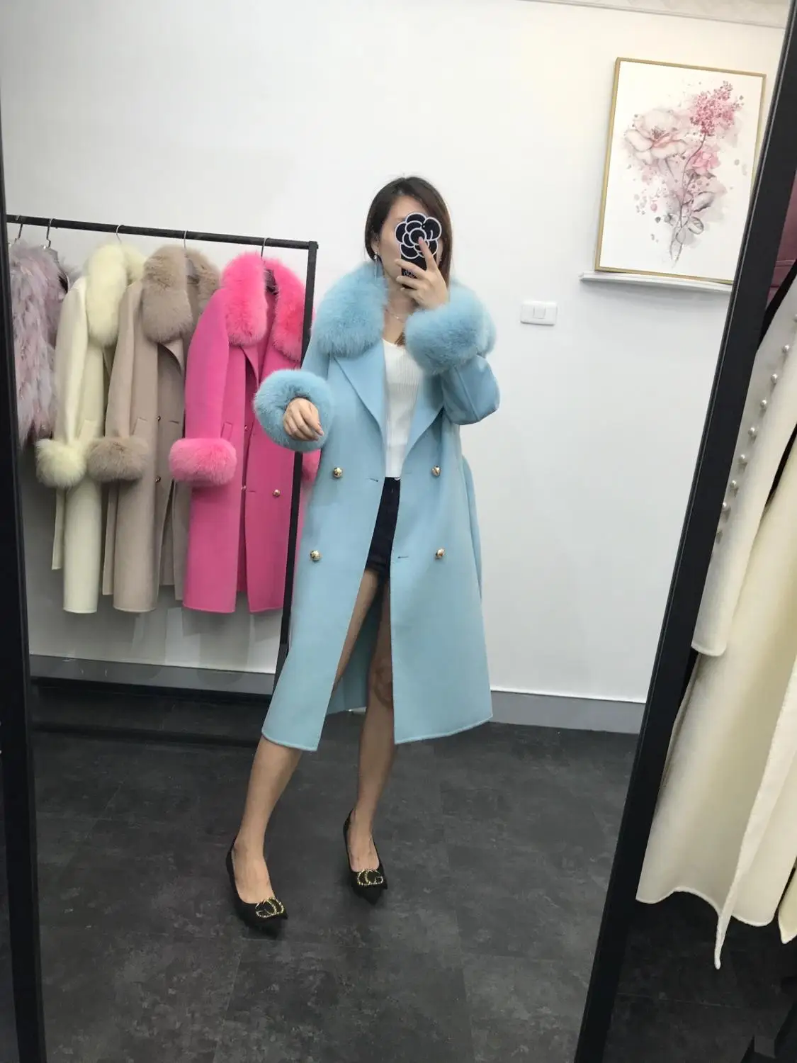 2019 Natural Fox Fur Collar Wool double-faced coat Warm Cashmere outerwear Winter Thick Jacket Slim Belt Ladies Streetwear | Женская