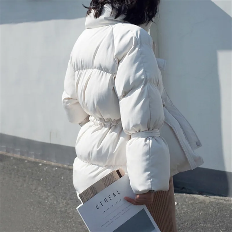 

sweet solid autumn winter down jacket women stand collar warm thick drawstring slim long sleeve chic coat parka female